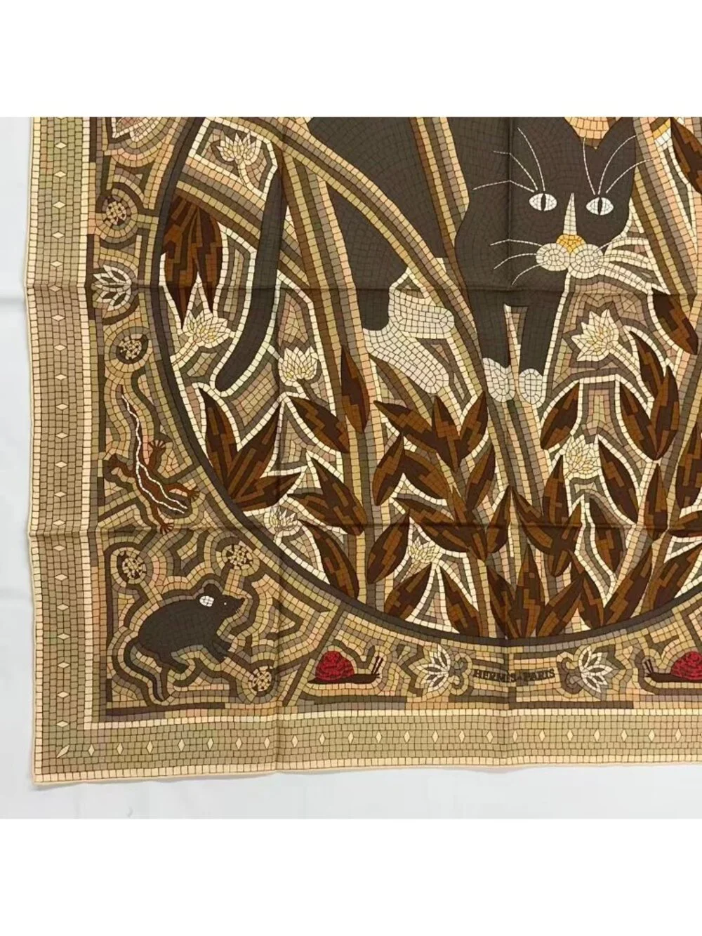 Hermes Carre 90 Scarf Silk Cave Felem Beware Of Cats Beige